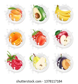 Set of fruits and berries in a milk splashes. Fruits yogurt. 3d realistic vector.