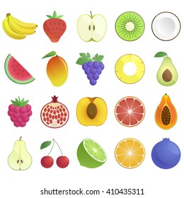 Set of fruits, berries and nuts isolated on white background. juicy, fresh fruits. natural flat fruit products. icons. modern flat design objects illustration. vector fruits isolated. flat fruits.