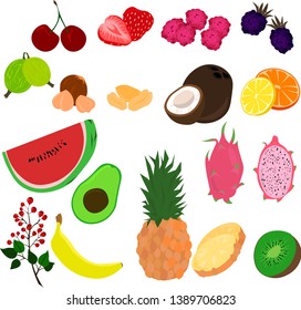Set of fruits, berries, nuts. Summer design.