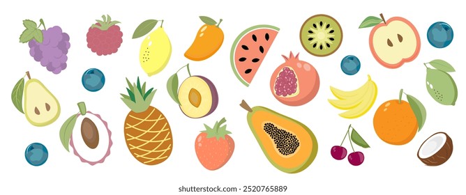 Set of fruits and berries, organic vitamins and healthy food. On a white background. Sticker collection.