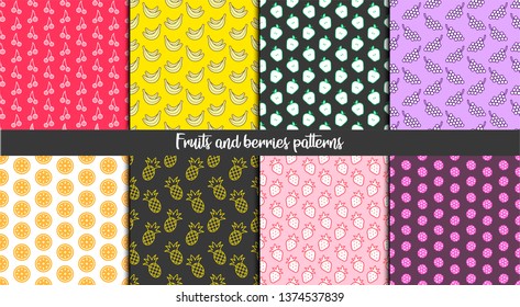 Set of fruits and berries pattern. Collection of seamless healthy food backgrounds for design, menu, fabric, textile and advertising banner