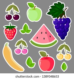 Set of fruits and berries. Stickers. Elements of healthy food. Fruit diet. Flet. For your design, print, cards, banner, scrapbooking. Vector illustration