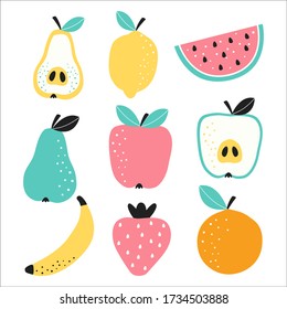 Set of fruits and berries strawberry, watermelon, lemon, orange, Apple, pear, tangerine, banana. Vector illustration for printing on fabric, packaging paper, Wallpaper, poster, banner. 