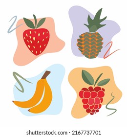 A set of fruits and berries in the style of flat illustrations. Raspberries and strawberries. Banana and pineapple. A fun and cute set of four exotic, plant-based treats.