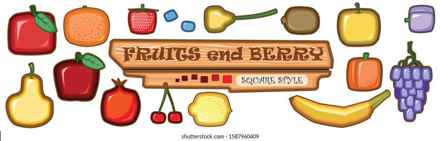 Set of fruits and berries. Vector. Cartoon square fruits: apples, orange, strawberries, pears, plums, pomegranates, cherries, grapes, lemon, bananas. Isolated objects on a white background.