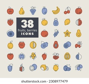 Set of Fruits and Berries vector icon. Graph symbol for food and drinks web site, apps design, mobile apps and print media, logo, UI