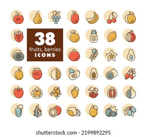 Set of Fruits and Berries vector isolated icon. Graph symbol for food and drinks web site, apps design, mobile apps and print media, logo, UI