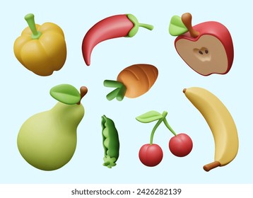 Set of fruits, berries, vegetables, legumes, spices. Vector floating illustration