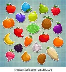 Set of fruits, berries, vegetables stickers