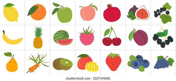 Set of fruits and berries with vitamin C - sweet, tasty, healthy, flat cartoon vector drawing. Template for children's development books and the creation of packaging for juices and baby food.