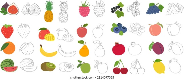 Set of fruits and berries with vitamin C - flat cartoon vector illustration. Doodle template for children's educational coloring books and packaging for juices and diet food.