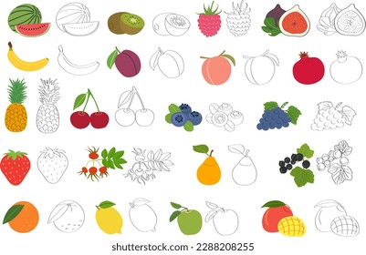 Set of fruits and berries with vitamin C - flat cartoon vector illustration. Doodle template for children's educational coloring books and packaging for juices and diet food.