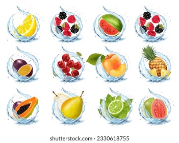 Set of fruits and berries in water splash. Apricot, watermelon, cherry, papaja, pineapple, limon, orange, mint, strawberry? blackberry, raspberry, mango in water splash and drops. Vector illustration.