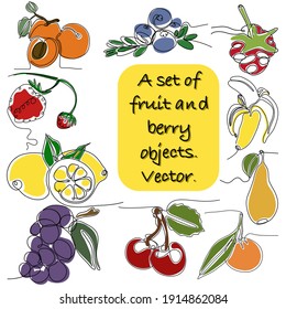 set of fruits and berry. Banana, lemon, tangerine, raspberry, grape, strawberry, apricot.Set of fruits icons on white background. One line drawing style.