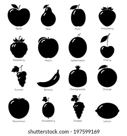 Set of fruits. Black fruit silhouettes on the white background.