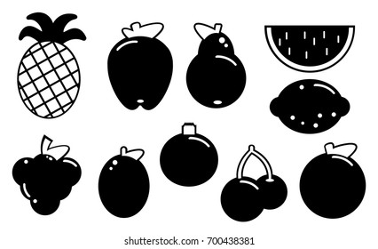 Set of fruits black silhouette various on a white background. Abstract design logo. Flat design Vector Illustration