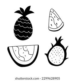 set of fruits. black and white em fruits, watermelon, pineapple, dragon fruit. fruit icons