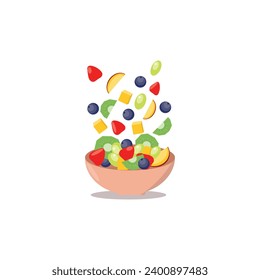 Set of fruits in a bowl, kiwi, peach, strawberry, grape, blueberry, nectarine, mango, organic, healthy food. Vector illustration in cartoon, flat style. 