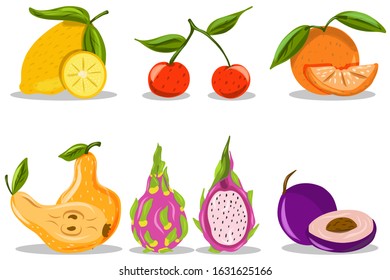 Set of fruits. Bright design. Lemon, pear, plum, cherry. For your design.