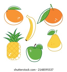 A Set Of Fruits In Bright Style. Mango Banana Orange Pineapple Apple Pear