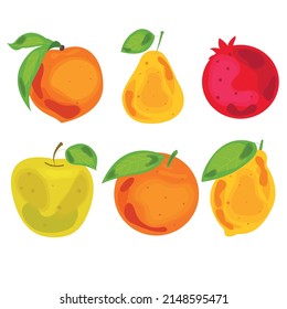 A set of fruits in bright watercolor style. Pomegranate pear lemon peach apple orange lemon