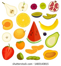 Set of fruits in cartoon style. Assorted different fruits isolated on a white background. Vector illustration.