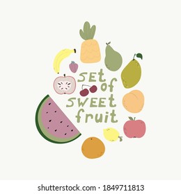 Set of fruits in cartoon style. Vector image. Isolated on white