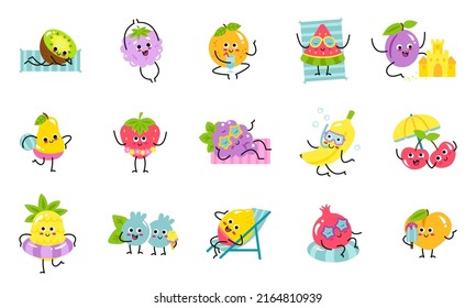 Set of fruits chaarcters on vacation. Colorful cartoon mascots fruits relaxing on beach, tropical resorts, drink cocktails, enjoy summertime holidays. Vector illustration