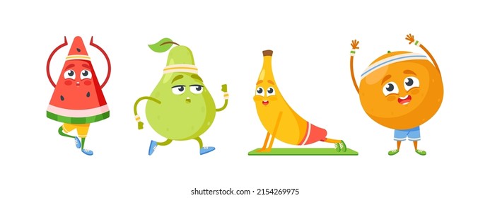 Set of Fruits Characters Sport Exercises and Yoga Meditation. Funny Pear, Banana, Watermelon and Orange Sportsmen Personages Healthy Lifestyle, Workout and Gym Training. Cartoon Vector Illustration