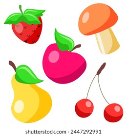 Set of fruits cherry, apple, pear, strawberry and mushroom on white background. Cartoon vector illustration for school activity book.