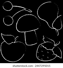 Set of fruits cherry, apple, pear, strawberry and mushroom. White chalk on a black background. Vector illustration.