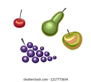 set of fruits (cherry, pear, apple, grapes)