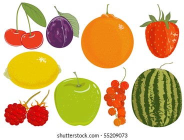 Set of fruits: cherry, plum, orange, strawberry, lemon, raspberry, apple, currant, watermelon, vector illustration