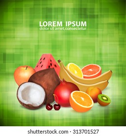 Set of fruits. Coconut, banana, pomegranate, orange, lemon, grapefruit, apple, watermelon, peach, kiwi, cherry.EPS10 vector