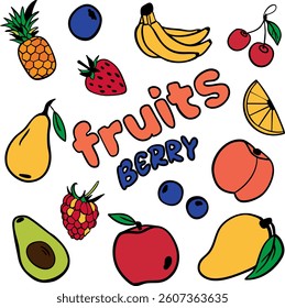 Set of fruits. Fruits collection in doodle style. vector illustration isolated on white background 