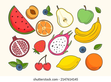 Set of fruits. Collection of fresh and organic products with vitamins, healthy nutrition and vegetarian diet. Stickers for social media. Cartoon flat vector illustrations isolated on beige background