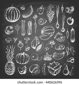 Set of fruits and collection of hand-drawn vegetables on the blackboard.  Vector illustration.