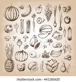 Set of fruits and collection of hand-drawn vegetables. Vector illustration.