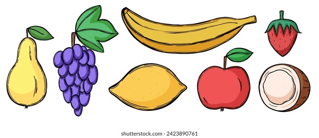 Set with fruits in color doodle style