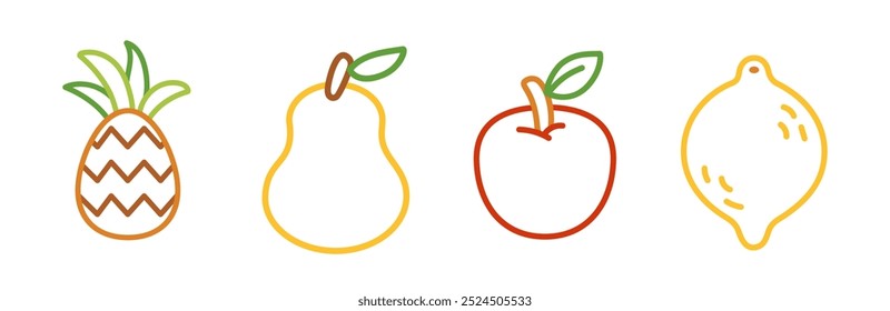 Set of fruits. Coloring book for children with color thick outline. Pear, Lemon, Apple, Pineapple