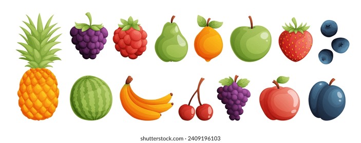 A set of fruits consisting of Pineapple, Raspberry, Blueberry, Pear, Lemon and Apple. Strawberry, blueberry, watermelon, banana, cherry, grape, peach and plum. Detailed Cartoon style vector.