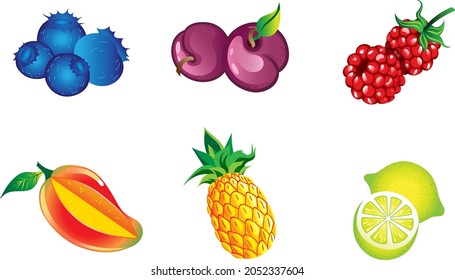 Set of fruits containing blueberry, plum, raspberry, mango, pinneaple and lemon