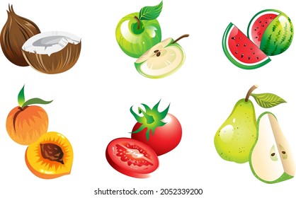 Set of fruits containing coconut, green apple, watermelon, peach, tomato and pear