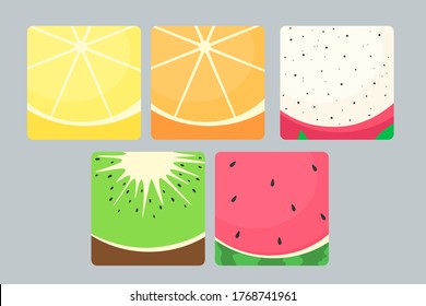 Set of fruits in a cut, fruit buttons icons, watermelon, dragon fruit, kiwi, lemon, orange. Stylized fruit buttons .Vector isolates in cartoon flat style.