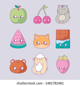 set of fruits with cute animals and chocolate kawaii