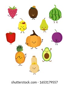 Set fruits. cute faces vector. Kawaii emoji fruit clip art. Coconut, lemon,  raspberry, pear, pineapple, squash,  watermelon, pepper, avocado, pumpkin