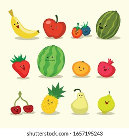 Set of fruits with cute faces vector collections. Kawaii emoji fruit clip art design.
