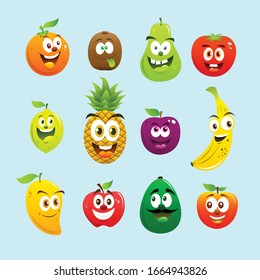 Set of fruits with cute faces vector collections.