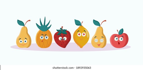A set of fruits with different characters.