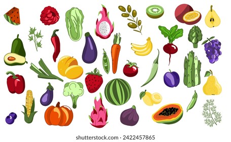 Set of fruits different. Colored flat vector illustration isolated on white background. Organic vitamins.